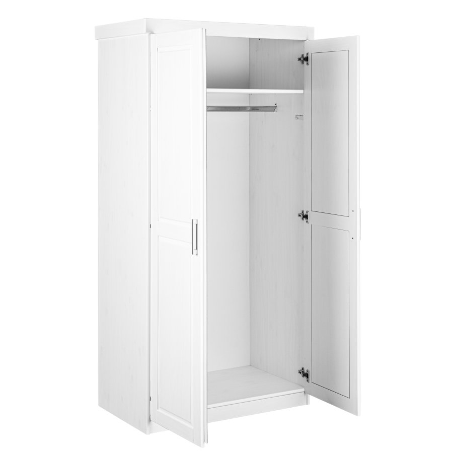 NORDIC LIVING COLLECTION Hakon skap i hvit furu med 2 d�rer og kassettd�rer, best�ende av 1 stort rom med klesstang, 1 hattehylle og PVC-h�ndtak
