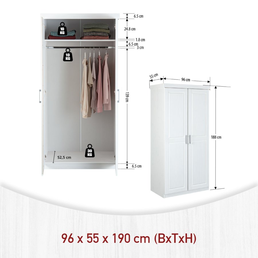 NORDIC LIVING COLLECTION Hakon skap i hvit furu med 2 d�rer og kassettd�rer, best�ende av 1 stort rom med klesstang, 1 hattehylle og PVC-h�ndtak