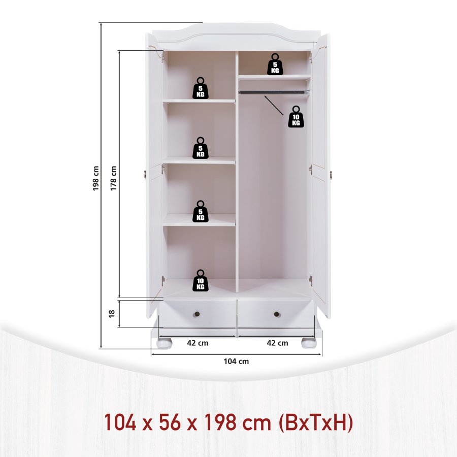 NORDIC LIVING COLLECTION Reutte lantlig garderob best�ende av 2 mjukst�ngande d�rrar, 2 l�dor med l�ttl�pande metallskenor, 1 garderobsskena i metall och en hatthylla