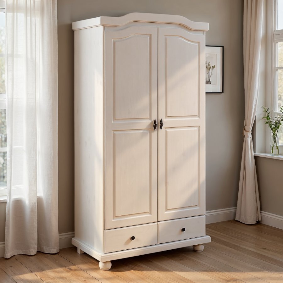NORDIC LIVING COLLECTION Reutte lantlig garderob best�ende av 2 mjukst�ngande d�rrar, 2 l�dor med l�ttl�pande metallskenor, 1 garderobsskena i metall och en hatthylla