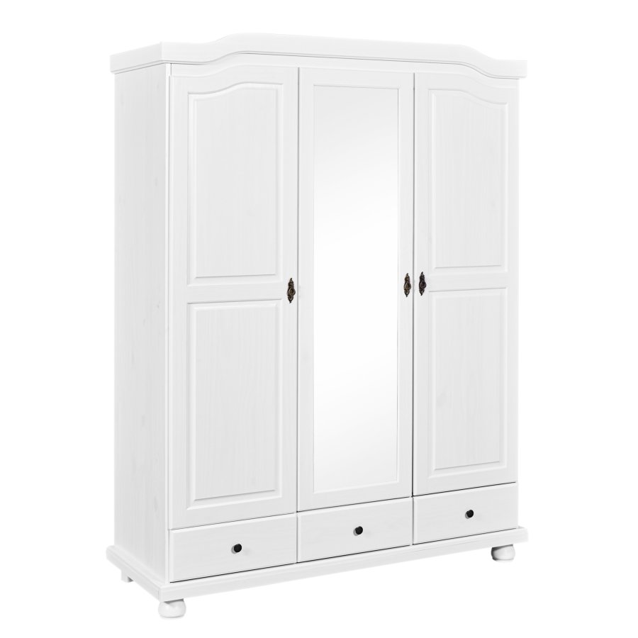 NORDIC LIVING COLLECTION Kappl lantlig garderob i massivt tr�, 3 d�rrar med 3 l�dor, 1 kl�dst�ng i metall, 1 hatthylla och 4 fack i vitt