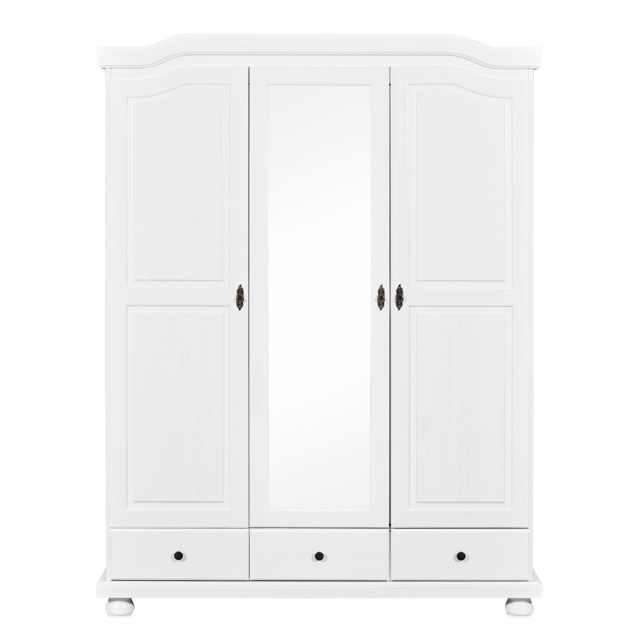 NORDIC LIVING COLLECTION Kappl lantlig garderob i massivt tr�, 3 d�rrar med 3 l�dor, 1 kl�dst�ng i metall, 1 hatthylla och 4 fack i vitt