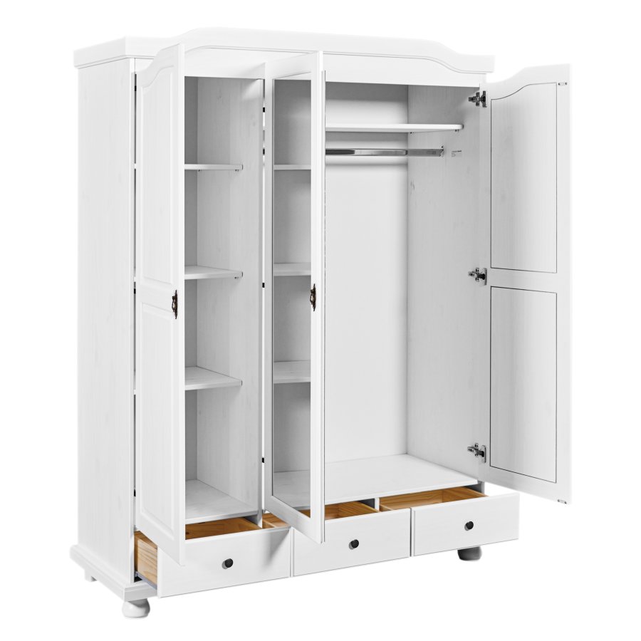 NORDIC LIVING COLLECTION Kappl lantlig garderob i massivt tr�, 3 d�rrar med 3 l�dor, 1 kl�dst�ng i metall, 1 hatthylla och 4 fack i vitt