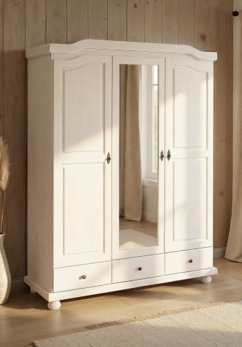 NORDIC LIVING COLLECTION Kappl lantlig garderob i massivt tr�, 3 d�rrar med 3 l�dor, 1 kl�dst�ng i metall, 1 hatthylla och 4 fack i vitt