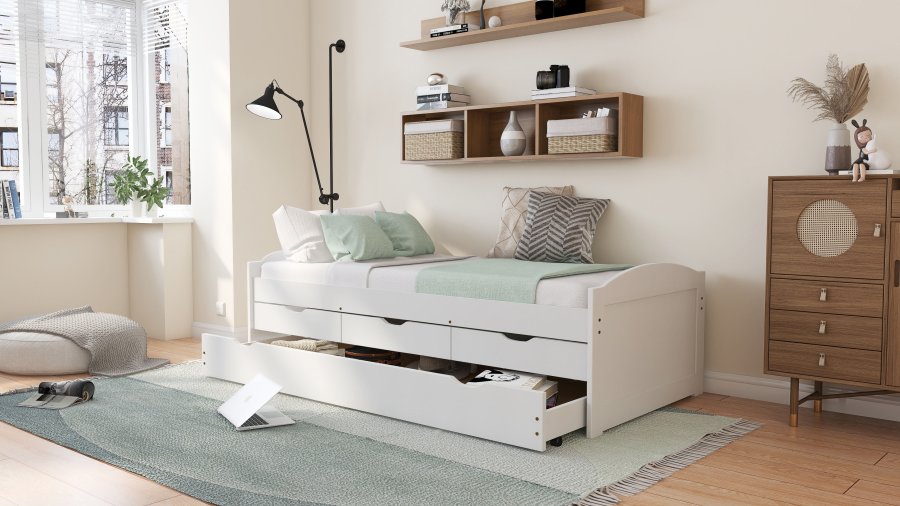 NORDIC LIVING COLLECTION Funktionss�ng Ulli 90x190 tillverkad av massivt tr� i vitlack med 3 l�dor och extra sovyta inklusive ribbotten