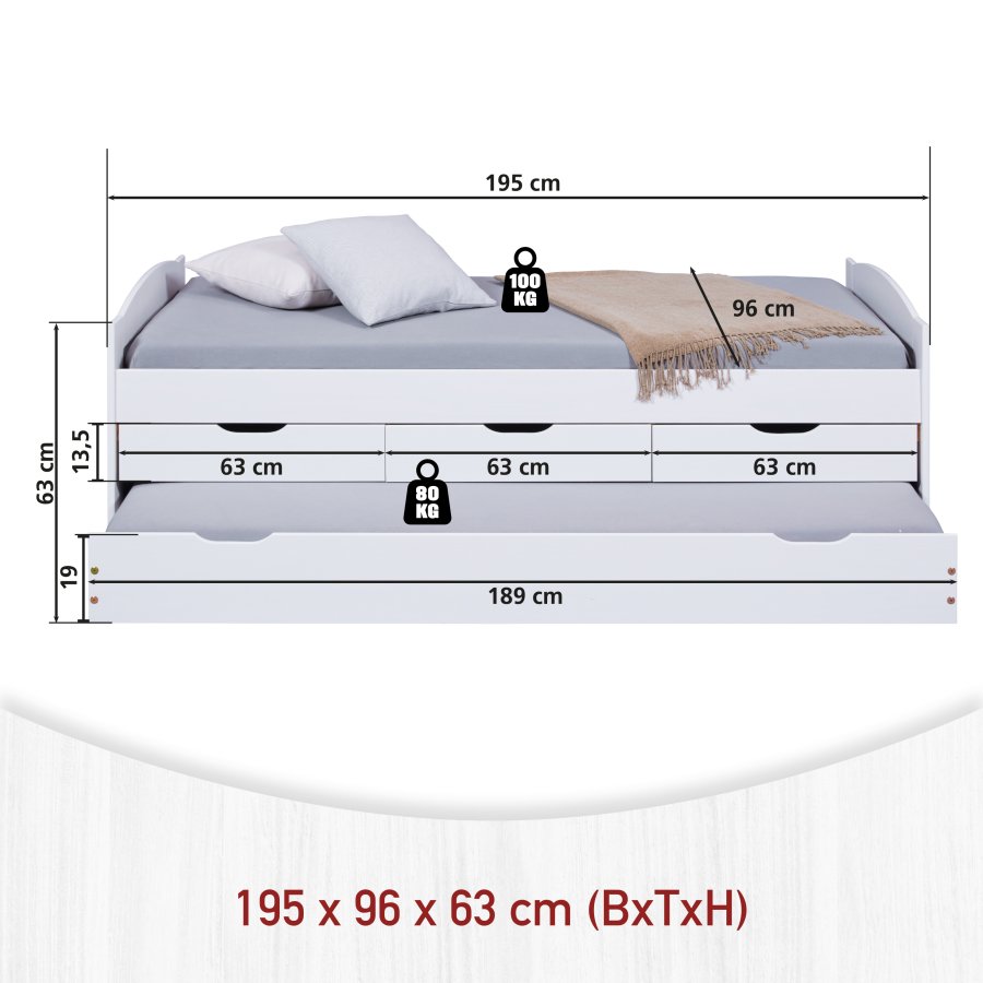 NORDIC LIVING COLLECTION Funktionss�ng Ulli 90x190 tillverkad av massivt tr� i vitlack med 3 l�dor och extra sovyta inklusive ribbotten