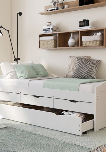 NORDIC LIVING COLLECTION Funktionss�ng Ulli 90x200 tillverkad av massivt tr� i vitlack med 3 l�dor och extra sovyta inklusive ribbotten