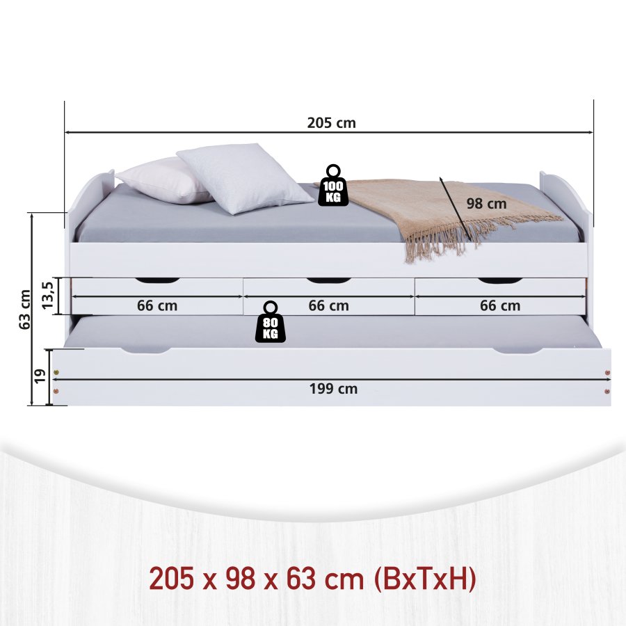 NORDIC LIVING COLLECTION Funktionss�ng Ulli 90x200 tillverkad av massivt tr� i vitlack med 3 l�dor och extra sovyta inklusive ribbotten