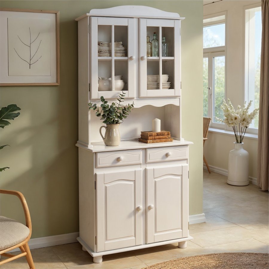 NORDIC LIVING COLLECTION Valencia vitrineskap i hvit furu med 2 skuffer og 2 hyller bak 4 d�rer
