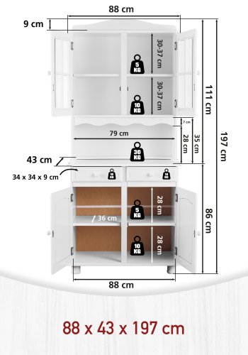 NORDIC LIVING COLLECTION Valencia vitrineskap i hvit furu med 2 skuffer og 2 hyller bak 4 d�rer