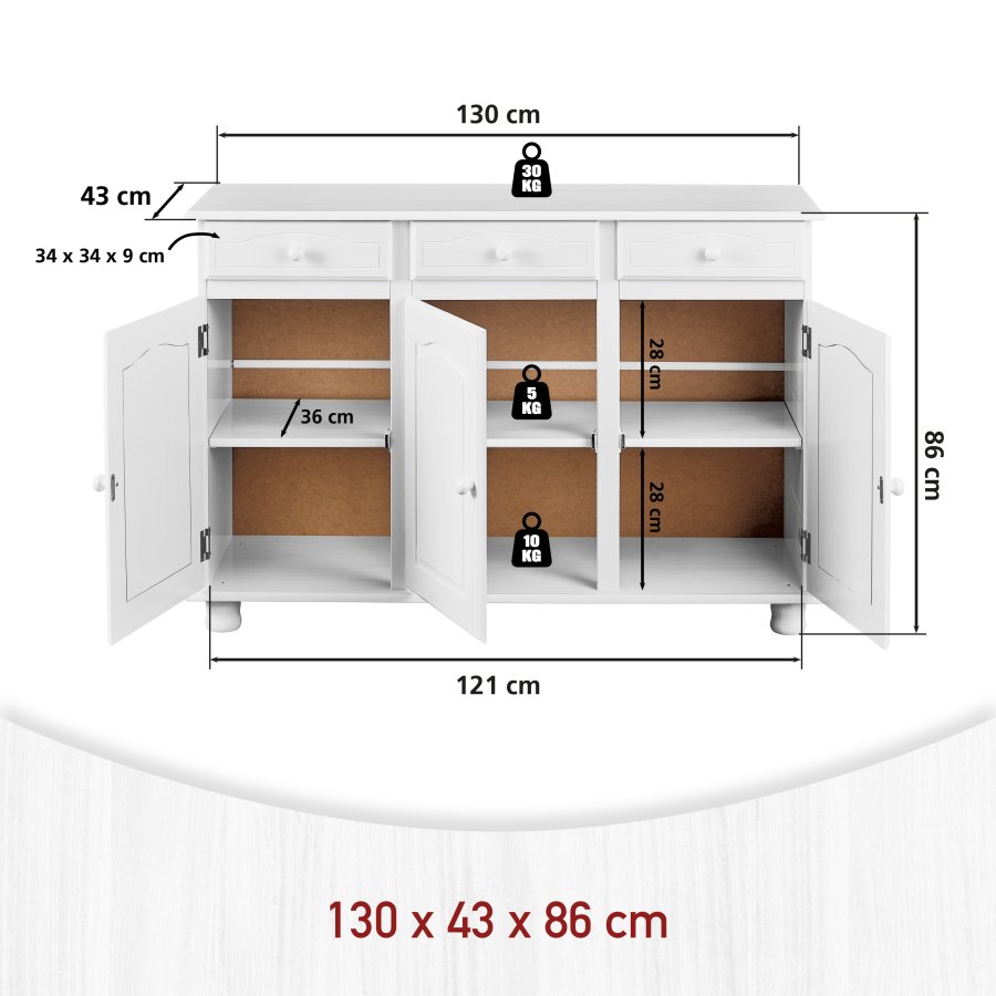NORDIC LIVING COLLECTION Livio sk�nk med 3 d�rrar och 3 l�dor, massiv furu, vit