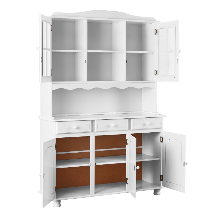 NORDIC LIVING COLLECTION Siena vitrineskap, furu, hvit, med 3 skuffer og 5 hyller bak 5 d�rer.