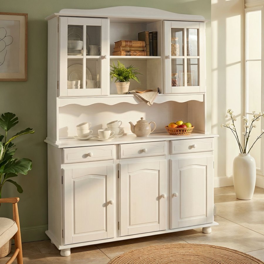 NORDIC LIVING COLLECTION Siena vitrineskap, furu, hvit, med 3 skuffer og 5 hyller bak 5 d�rer.
