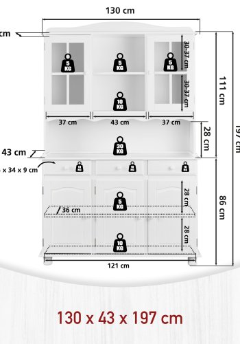 NORDIC LIVING COLLECTION Siena vitrineskap, furu, hvit, med 3 skuffer og 5 hyller bak 5 d�rer.