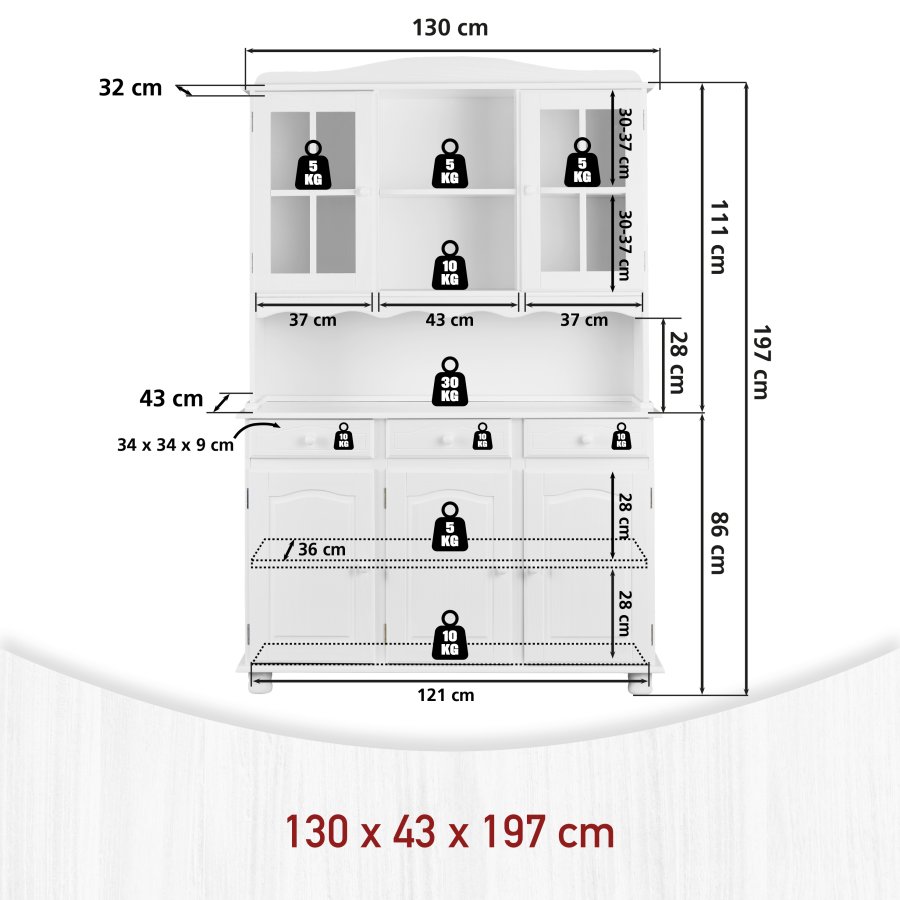 NORDIC LIVING COLLECTION Siena vitrineskap, furu, hvit, med 3 skuffer og 5 hyller bak 5 d�rer.