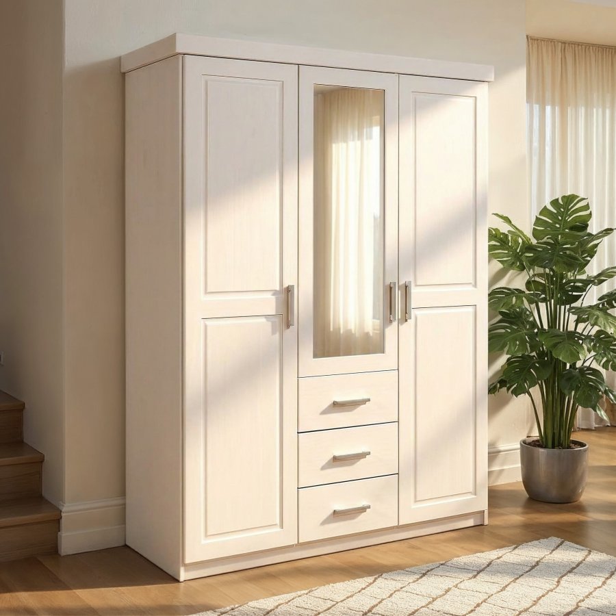 NORDIC LIVING COLLECTION Geraldo vitt sk�p med 3 d�rrar/3 l�dor och kassettd�rrar