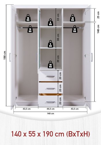 NORDIC LIVING COLLECTION Geraldo vitt sk�p med 3 d�rrar/3 l�dor och kassettd�rrar
