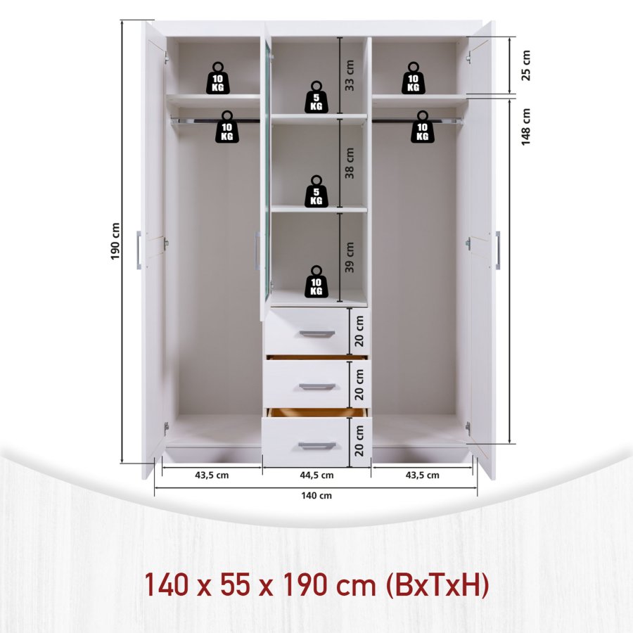 NORDIC LIVING COLLECTION Geraldo vitt sk�p med 3 d�rrar/3 l�dor och kassettd�rrar