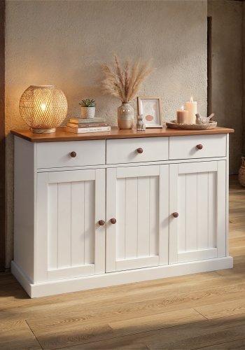 NORDIC LIVING COLLECTION Westerland-4.2 byr�, vit sepia, 3 d�rrar och 3 l�dor, massivt tr�