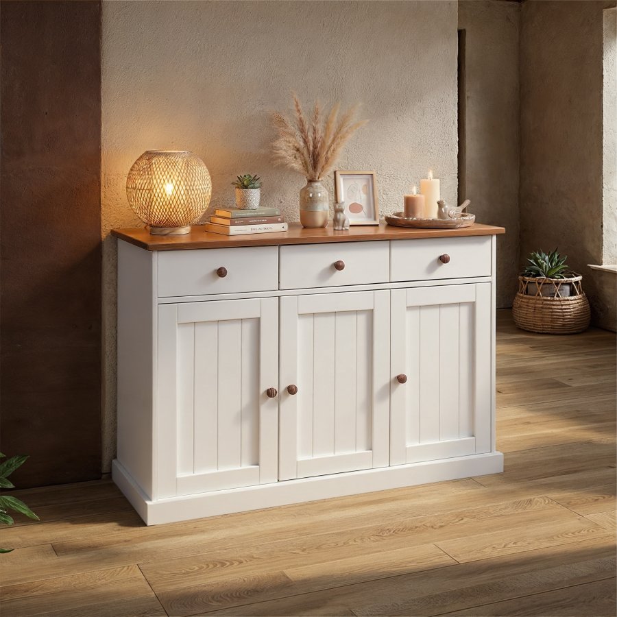 NORDIC LIVING COLLECTION Westerland-4.2 byr�, vit sepia, 3 d�rrar och 3 l�dor, massivt tr�