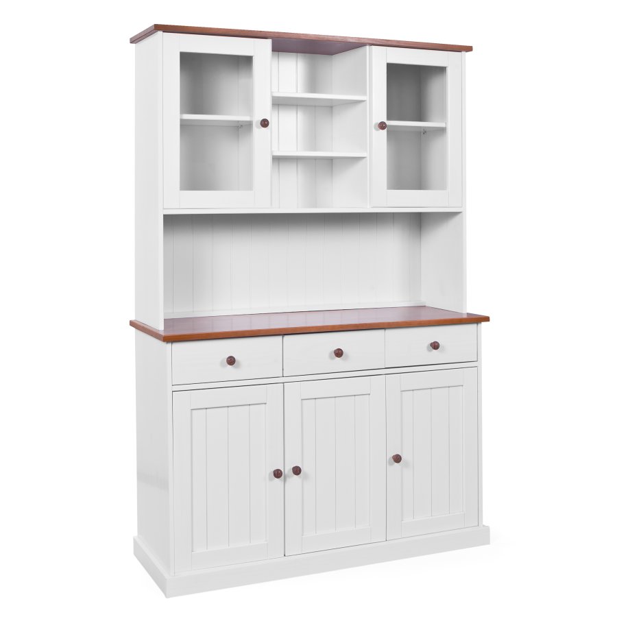 NORDIC LIVING COLLECTION Buffet Westerland 6.2. Massivt tre hvit-sepia 5T3SL med 3 skuffer p� glattg�ende metallskinner og 4 hyller bak 5 d�rer.