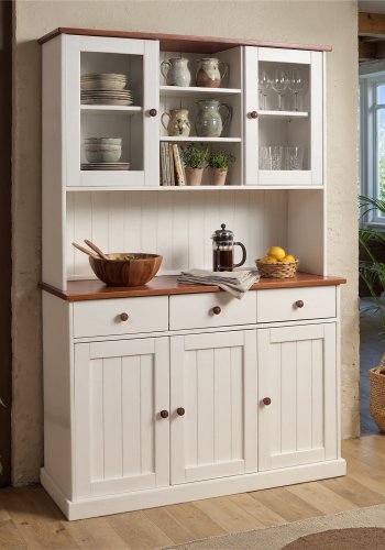 NORDIC LIVING COLLECTION Buffet Westerland 6.2. Massivt tre hvit-sepia 5T3SL med 3 skuffer p� glattg�ende metallskinner og 4 hyller bak 5 d�rer.