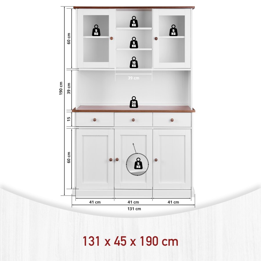 NORDIC LIVING COLLECTION Buffet Westerland 6.2. Massivt tre hvit-sepia 5T3SL med 3 skuffer p� glattg�ende metallskinner og 4 hyller bak 5 d�rer.