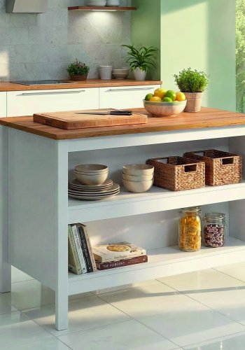 NORDIC LIVING COLLECTION Julina k&ouml;ks&ouml; i vitt/hantverksm&auml;ssig ek: p� ena sidan 2 fack f&ouml;r f&ouml;rvaring, p� den andra sidan plats f&ouml;r barstolar