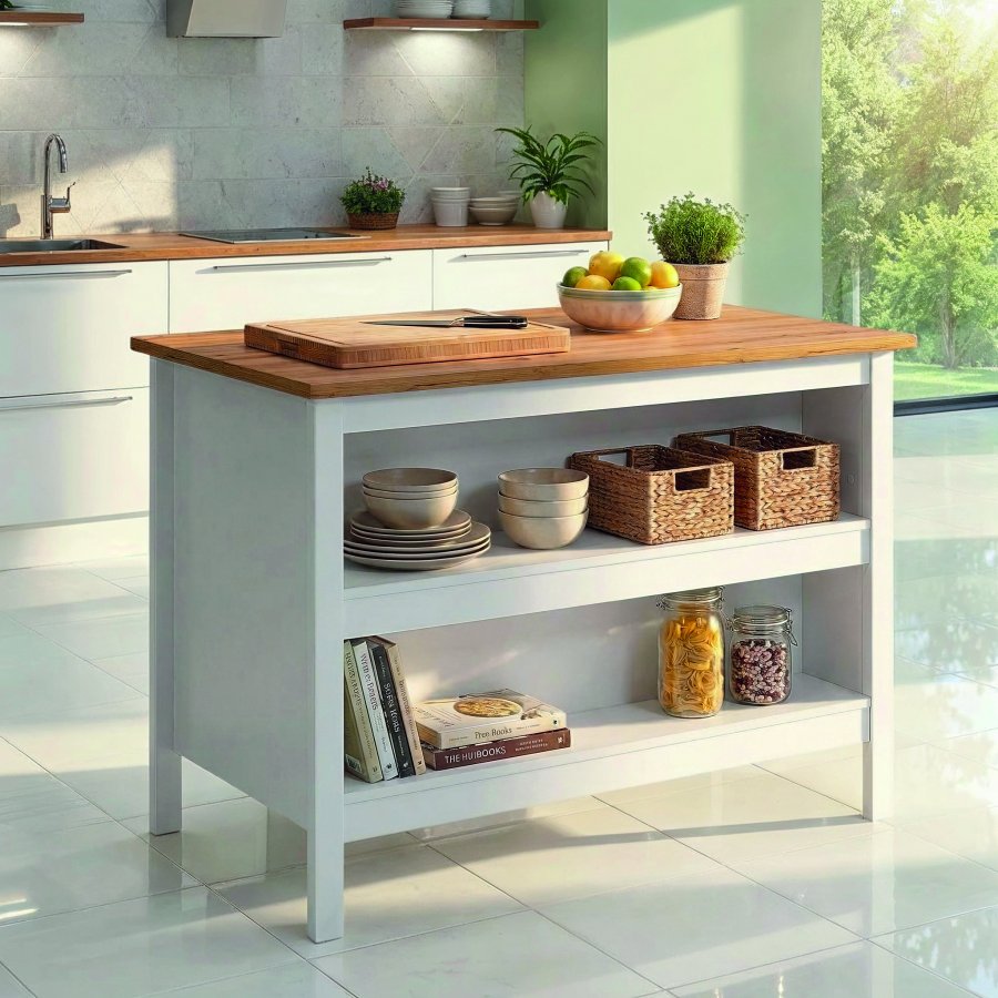 NORDIC LIVING COLLECTION Julina k&ouml;ks&ouml; i vitt/hantverksm&auml;ssig ek: p� ena sidan 2 fack f&ouml;r f&ouml;rvaring, p� den andra sidan plats f&ouml;r barstolar