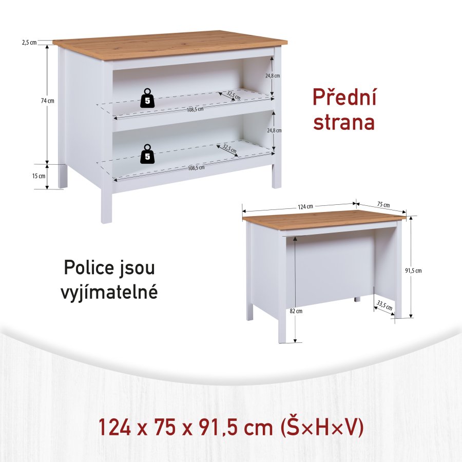 NORDIC LIVING COLLECTION Julina k&ouml;ks&ouml; i vitt/hantverksm&auml;ssig ek: p� ena sidan 2 fack f&ouml;r f&ouml;rvaring, p� den andra sidan plats f&ouml;r barstolar