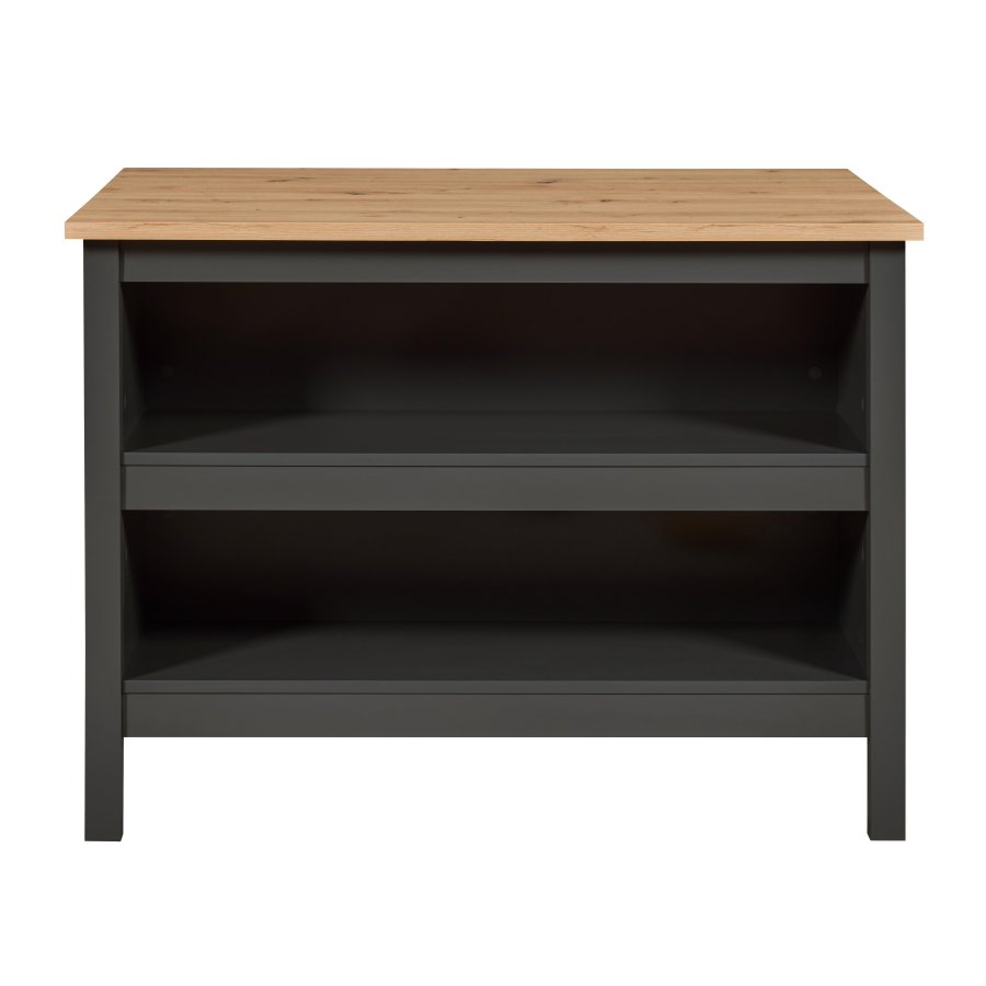 NORDIC LIVING COLLECTION Nellina k&ouml;ks&ouml; i antracit/Artisan-ek, med tv� fack p� ena sidan och plats f&ouml;r barstolar eller stolar p� den andra.