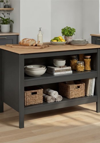 NORDIC LIVING COLLECTION Nellina k&ouml;ks&ouml; i antracit/Artisan-ek, med tv� fack p� ena sidan och plats f&ouml;r barstolar eller stolar p� den andra.