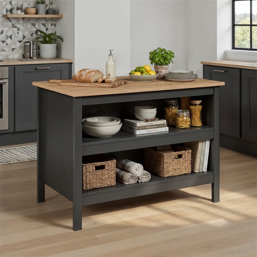 NORDIC LIVING COLLECTION Nellina k&ouml;ks&ouml; i antracit/Artisan-ek, med tv� fack p� ena sidan och plats f&ouml;r barstolar eller stolar p� den andra.