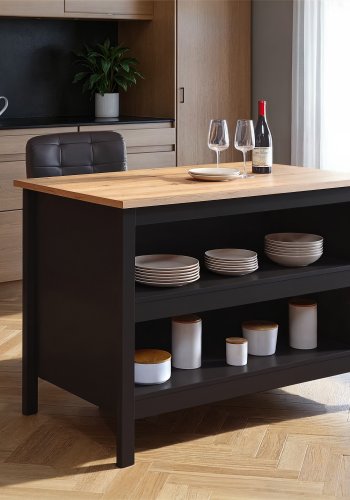 NORDIC LIVING COLLECTION Julina k&ouml;ks&ouml; i svart/Artisan ek, med tv� fack p� ena sidan och plats f&ouml;r barstolar eller stolar p� den andra.