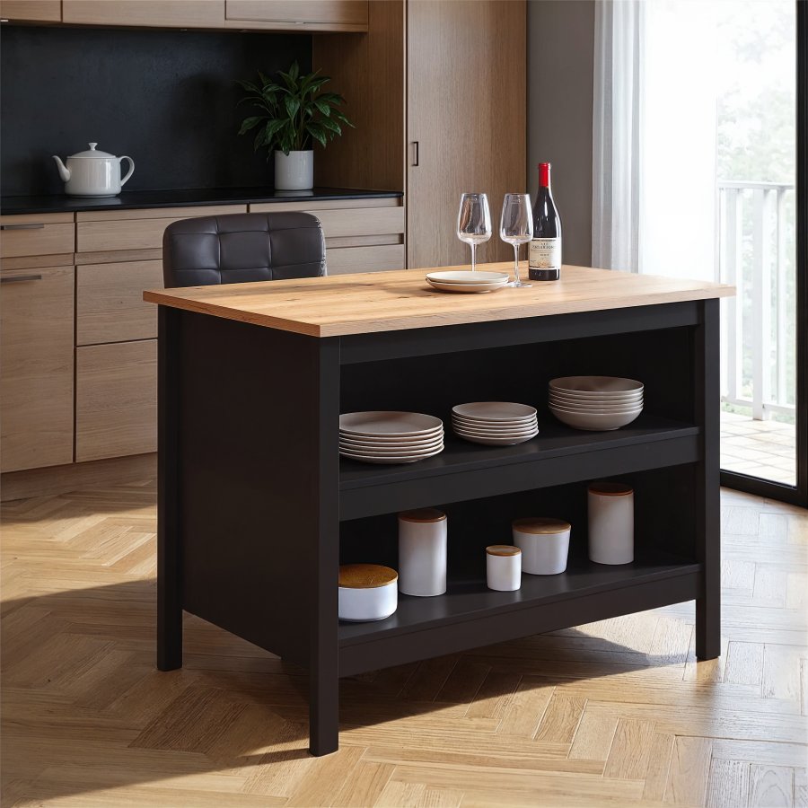 NORDIC LIVING COLLECTION Julina k&ouml;ks&ouml; i svart/Artisan ek, med tv� fack p� ena sidan och plats f&ouml;r barstolar eller stolar p� den andra.