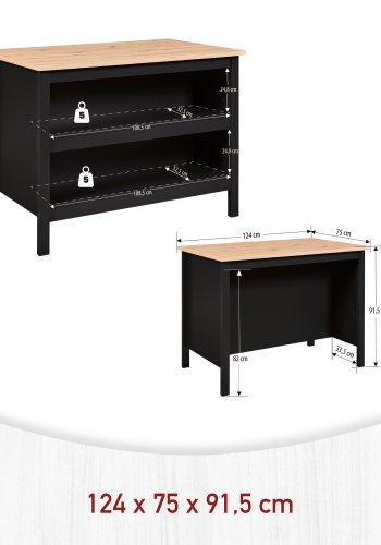 NORDIC LIVING COLLECTION Julina k&ouml;ks&ouml; i svart/Artisan ek, med tv� fack p� ena sidan och plats f&ouml;r barstolar eller stolar p� den andra.