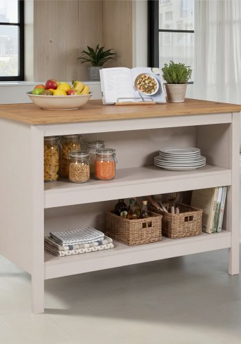 NORDIC LIVING COLLECTION K&ouml;ks&ouml; Emmilia Cashmere/Artisan Oak, med 2 fack p� ena sidan och plats f&ouml;r barstolar eller stolar p� den andra.