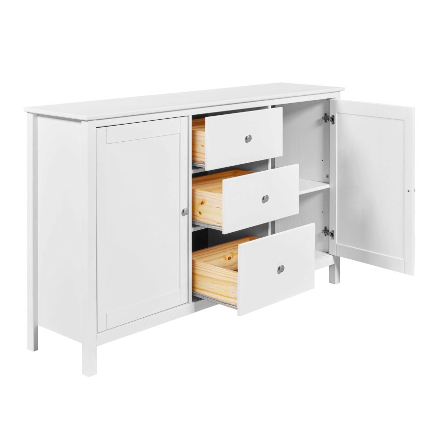 NORDIC LIVING COLLECTION  Byr� i massiv furu, vitlackerad, med 2 d�rrar, 3 l�dor och 4 hyllplan. Totalm�tt: 160 x 39,5 x 96 cm.