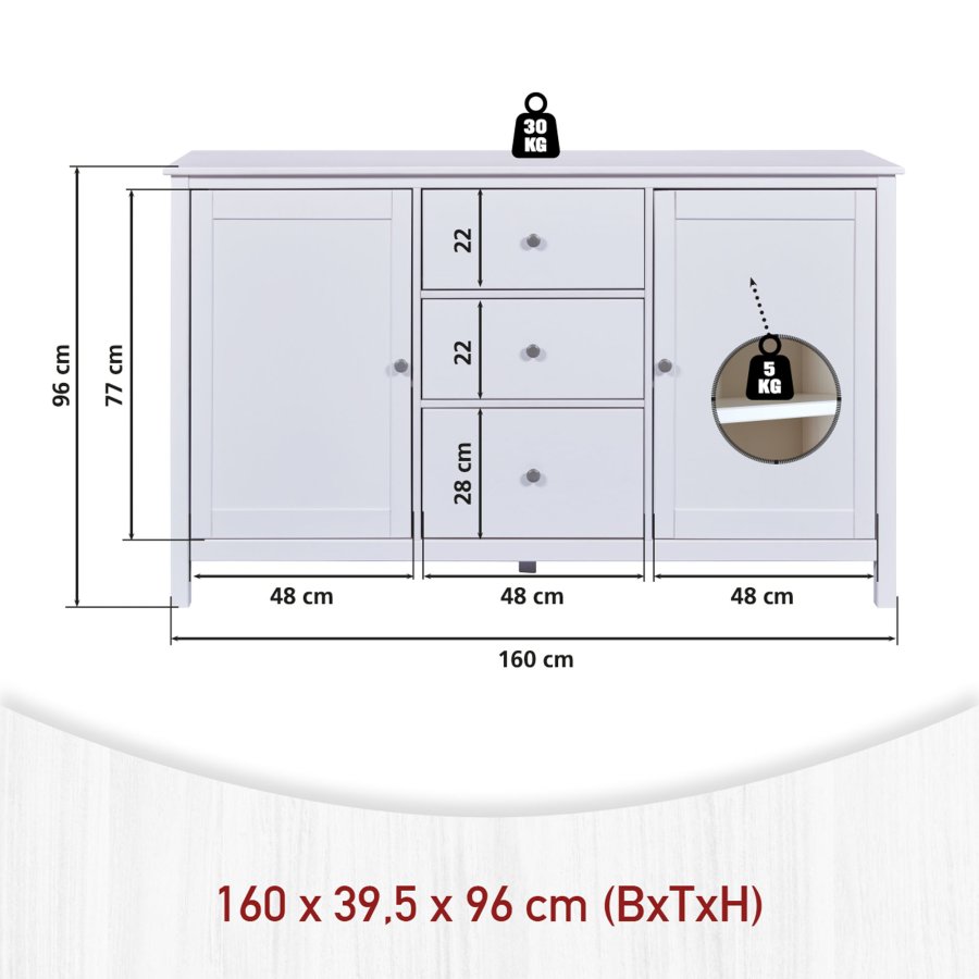 NORDIC LIVING COLLECTION  Byr� i massiv furu, vitlackerad, med 2 d�rrar, 3 l�dor och 4 hyllplan. Totalm�tt: 160 x 39,5 x 96 cm.