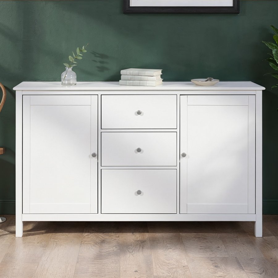 NORDIC LIVING COLLECTION  Byr� i massiv furu, vitlackerad, med 2 d�rrar, 3 l�dor och 4 hyllplan. Totalm�tt: 160 x 39,5 x 96 cm.
