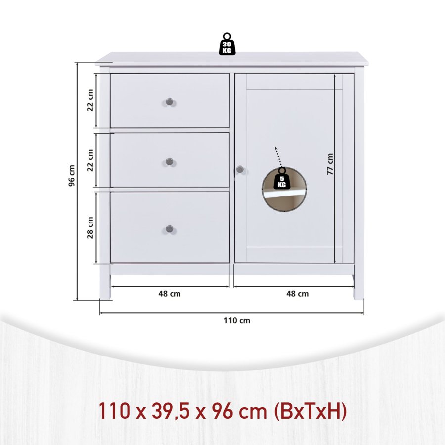 NORDIC LIVING COLLECTION  Byr� i massiv furu, vitlackerad, med 1 d�rr, 3 l�dor, 2 hyllplan. Totalm�tt: 110 x 40 x 96 cm.