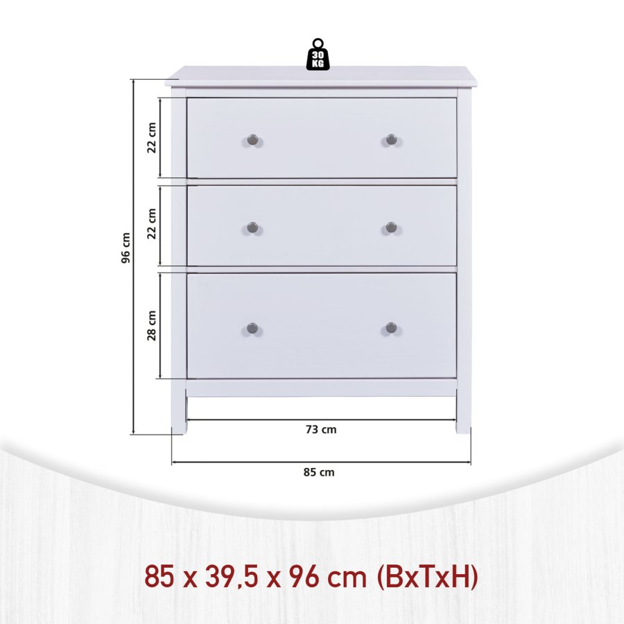 NORDIC LIVING COLLECTION Byr� i massiv furu, vitlackerad, med 3 l�dor och totalm�tt 110 x 40 x 96 cm.