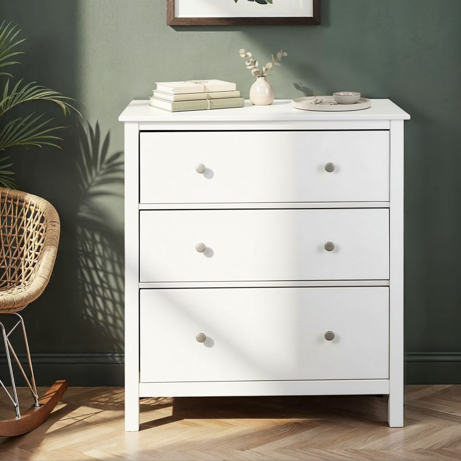 NORDIC LIVING COLLECTION Byr� i massiv furu, vitlackerad, med 3 l�dor och totalm�tt 110 x 40 x 96 cm.