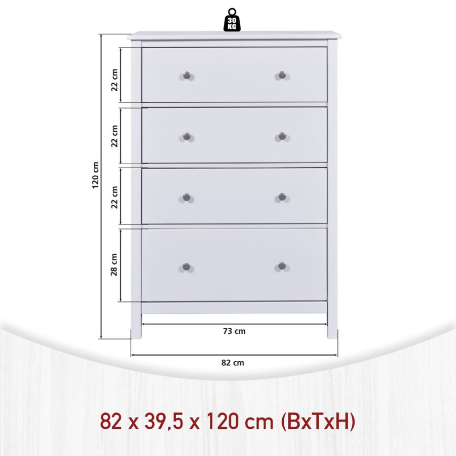 NORDIC LIVING COLLECTION  Byr� i massiv furu, vitlackerad, med 4 l�dor. Totalm�tt: 82 x 40 x 120 cm.