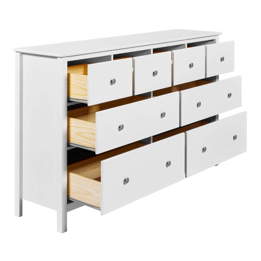 NORDIC LIVING COLLECTION Byr� i massiv furu, vitlackerad, med 8 l�dor och totalm�tt 160 x 40 x 96 cm.