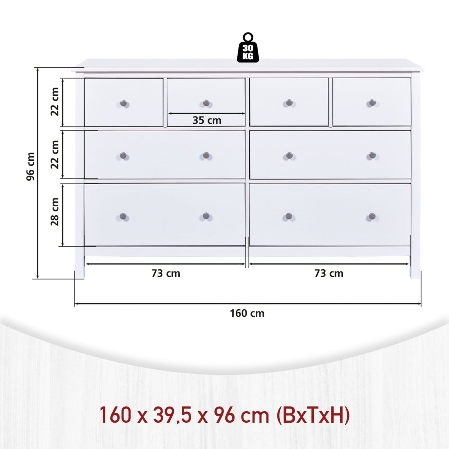 NORDIC LIVING COLLECTION Byr� i massiv furu, vitlackerad, med 8 l�dor och totalm�tt 160 x 40 x 96 cm.