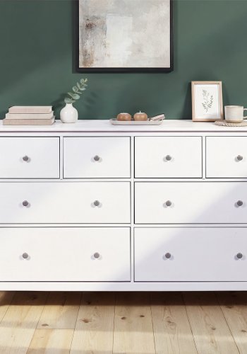 NORDIC LIVING COLLECTION Byr� i massiv furu, vitlackerad, med 8 l�dor och totalm�tt 160 x 40 x 96 cm.