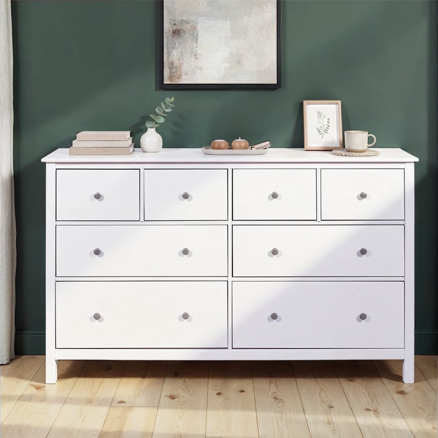 NORDIC LIVING COLLECTION Byr� i massiv furu, vitlackerad, med 8 l�dor och totalm�tt 160 x 40 x 96 cm.