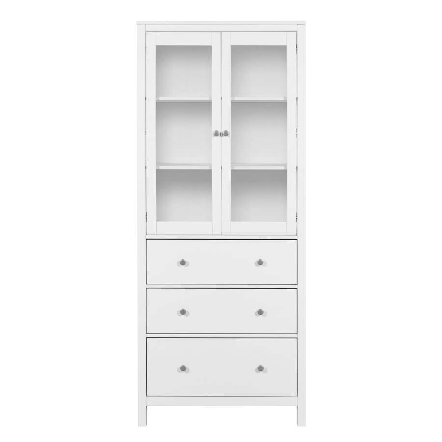 NORDIC LIVING COLLECTION  Vitrineskap i heltre furu, hvitlakkert, med 3 skuffer, 2 d�rer og 2 hyller. Totalm�l: 82 x 40 x 197 cm.