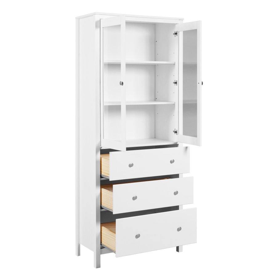 NORDIC LIVING COLLECTION  Vitrineskap i heltre furu, hvitlakkert, med 3 skuffer, 2 d�rer og 2 hyller. Totalm�l: 82 x 40 x 197 cm.